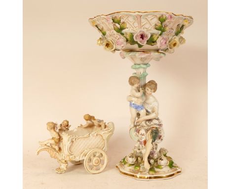 A Meissen style figural centerpiece with basket top, supported by a woman and infant son, the base is stamped with a blue sig