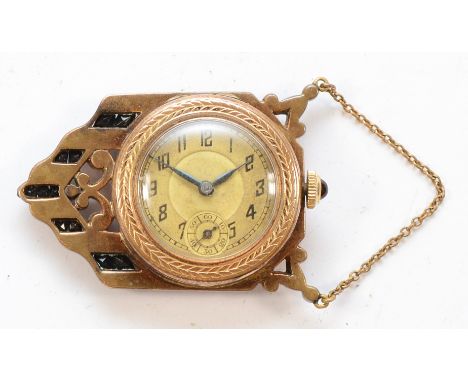 An Art Deco gilt metal, guilloche enamel and paste fob watch, 40 x 30mm, working when catalogued