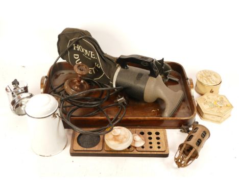 A vintage Hoover 'Dustette' handheld vacuum cleaner, together with a chrome cycle lamp, a teatray, enamelled lidded jug and o
