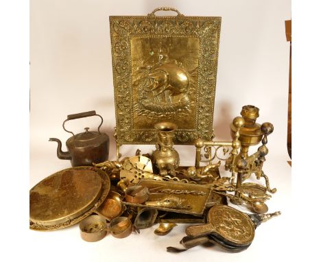 A collection of brassware, to include, a solid brass horse and cart, a pair of fireguards, a three-tier display stand, fire i