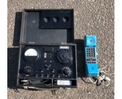 A boxed vintage radio frequency testing set, a vintage hand held telephone, a Bedlam loud-tone caller, two Zumtobel aluminium