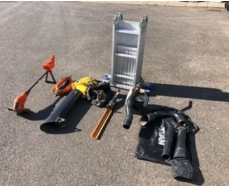 An 'Expand It' attachment system hedge trimmer, a JCB-BV2000 230v 2000w shredder vacuum with collection bag, a Titan TTL684BV