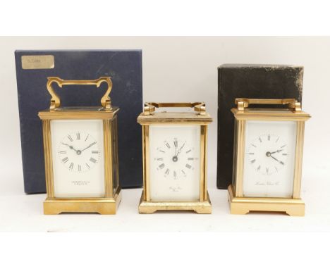 Three late 20th century English brass 8 day carriage clocks, to include a boxed Garrard and a boxed London Clock Co example, 