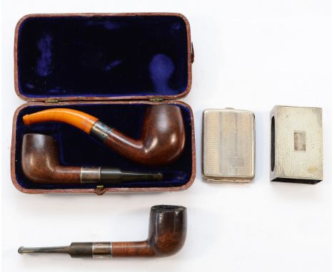 A Balharrie silver mounted pipe, double case, two silver mounted pipes and two silver match holders