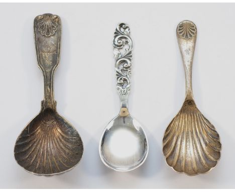 A Norwegian 830 standard silver caddy spoon, together with two other caddy spoons, London 1848, Birmingham 1998, 48gm. (3)