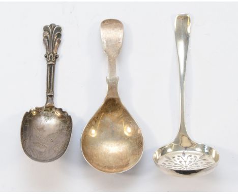 A silver bright cut caddy spoon, Birmingham 1891, another caddy spoon and a sifter spoon, 42gm