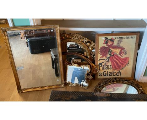 Seven twentieth century mirrors, of varying sizes and styles, the largest being 101cm x 69, together with a print of a dancin