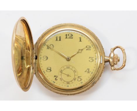 A gold plated Art Deco keyless wind full hunter pocket watch, 49mm, working when catalogued