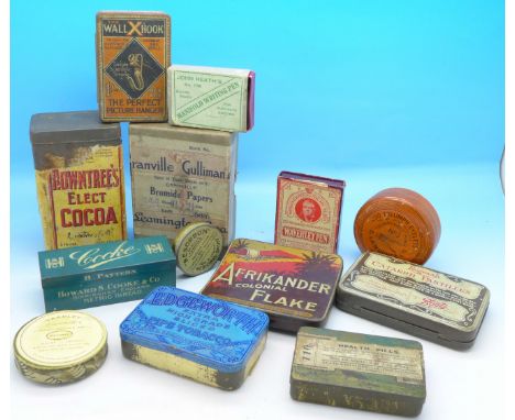 A collection of tins, etc., Edgeworth Pipe Tobacco, Besorbon Medicinal Snuff, a Waverley pen box with nibs