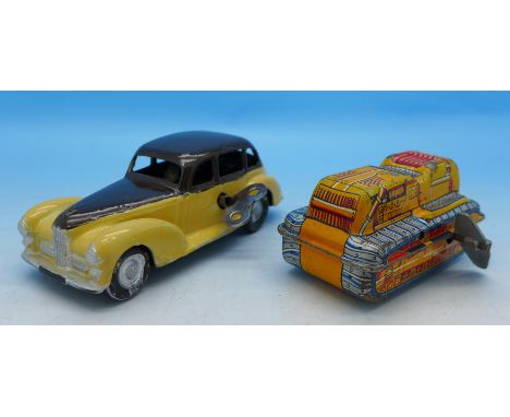 A Chad Valley Wee-Kin Toy clockwork The Humber Super-Snipe and a Yone Japanese no.2189 clockwork bulldozer