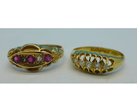 Two 18ct gold rings; diamond and ruby set, a/f, stone replaced, and diamond set, (2g, M and 2g, K)