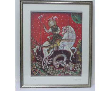 A framed limited edition print of St. George slaying a dragon, signed D. Young, numbered 1/50