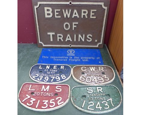 A large railway plaque, Beware of Trains, 56cm x 38.5cm, a Transrail Freight sign, four engine plates, L.N.E.R. 20 Tons 1940 