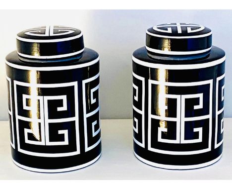 GINGER JARS, a pair, 30cm x 19cm, glazed ceramic with an Art Deco style print. (2) 