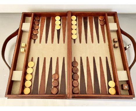 BACKGAMMON SET, 7cm x 40cm x 23cm, in leather case. 