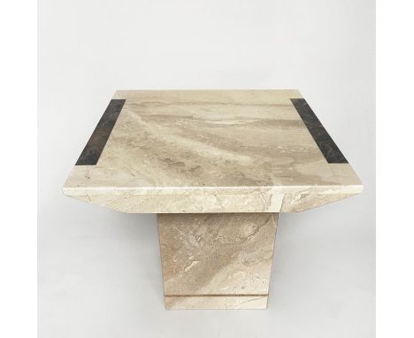 LAMP TABLE, 1970s Travertine marble of square form on plinth supports, 64cm x 66cm x 56cm H. 