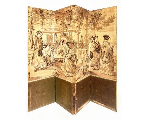 SCREEN, three fold each panel 178cm x 44cm, 19th century, woven depicting Japanese palace scenes. 