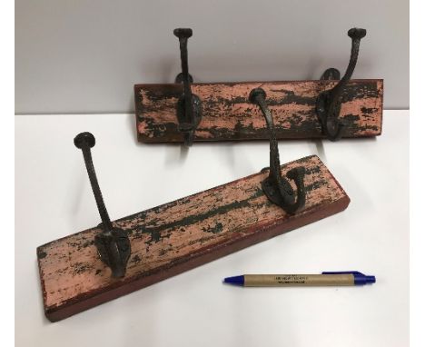Two double hook coat hooks on vintage style wooden blocks, 30 cm long