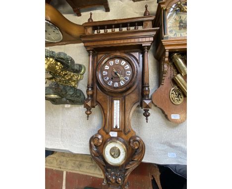 A mahogany cased Vienna style wall clock with barometer and thermometer with pendulum missing key, h95cm, shipping unavailabl