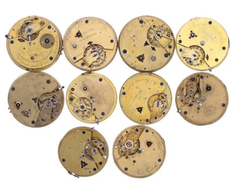 Ten fusee lever pocket watch movements principally for repair to include a centre seconds chronograph movement and a 'Patent 