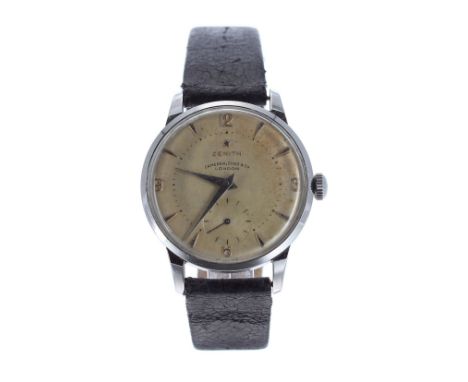 Zenith stainless steel gentleman's wristwatch, circa 1950s, case no. 9250010, signed circular silvered dial retail branded 'C