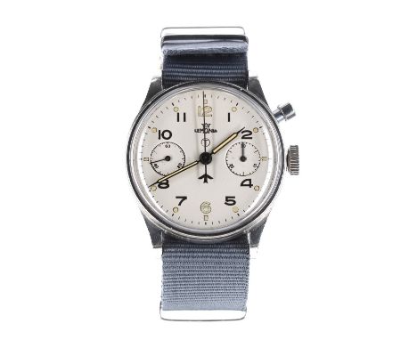 Lemania British Air Ministry (R.A.F.) issue single push button chronograph stainless steel gentleman's wristwatch, signed cir