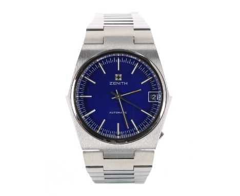 Zenith automatic stainless steel gentleman's wristwatch, ref. 01-1431-380, circular blue dial with baton markers, minute mark