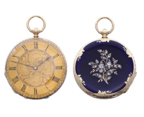 Badolett, Geneve - Attractive late 19th century 18k diamond and enamel pocket watch, signed signed gilt frosted cylinder bar 