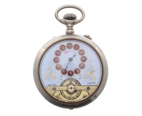 Hebdomas type nickel cased alarm pocket watch, the dial inscribed 'Reveil Vigor', with red enamel Roman numerals over the vis