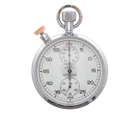 Nero Lemania split seconds chrome cased pocket stopwatch, signed movement, no. 2200081, signed dial with Arabic numerals, thi