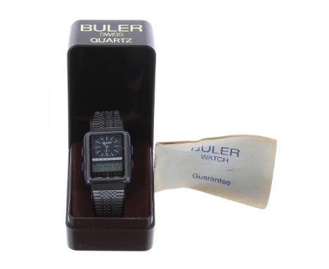 Buler Digital/Analogue rectangular stainless steel gentleman's bracelet watch, square black analogue dial over a digital aper