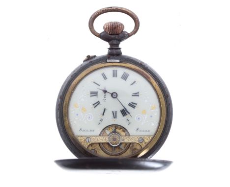 Hebdomas type Swiss 8 days gunmetal hunter pocket watch, the dial with Roman numerals over the visible balance, within a plai
