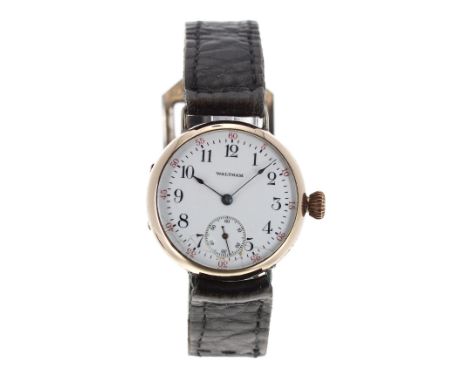 Waltham gold filled wire-lug wristwatch, circa 1910, signed circular enamel dial with Arabic numerals, minute markers with re