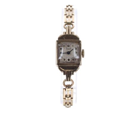 Limit 9ct lady's bracelet watch, Birmingham 1950, square silvered dial with Arabic numerals and minute track, blued steel han