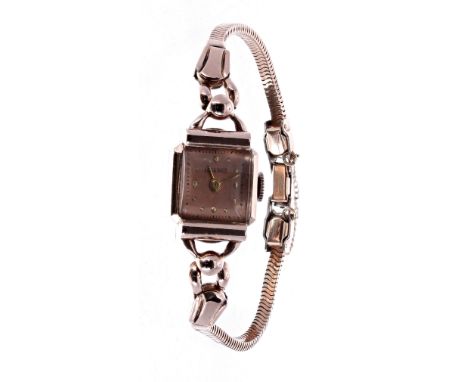 Longines 14k square cased rose gold lady's bracelet watch, circa 1941, case ref. 2253, serial no. no. 6305289, square rose di