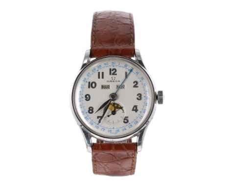 Omega 'Cosmic' triple calendar moon phase stainless steel gentleman's wristwatch, ref. 2471/1, circa 1940s, serial no. 10929x