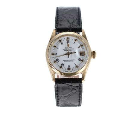 Rolex Oyster Perpetual Datejust 18ct mid-size wristwatch, ref. 6627, circa 1960s, fluted bezel, circular white dial with Roma