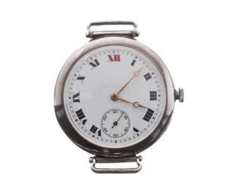 Longines silver officer's swing-lug wristwatch, import hallmarks London 1927, circular enamel dial with Roman numerals, red t