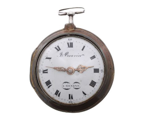 Tortoiseshell and white metal pair cased verge pocket watch, the fusee movement signed J.s Bouvier, A Geneve, no. 266, with p