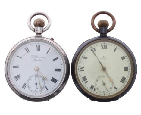 Omega gunmetal lever pocket watch, signed movement, no. 5427712, signed dial, within a plain case, 51mm (at fault); together 