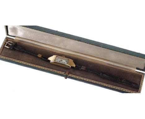 Cyma 9ct rectangular lady's cocktail watch, Birmingham 1938, rectangular silvered dial with Arabic numerals and minute track,