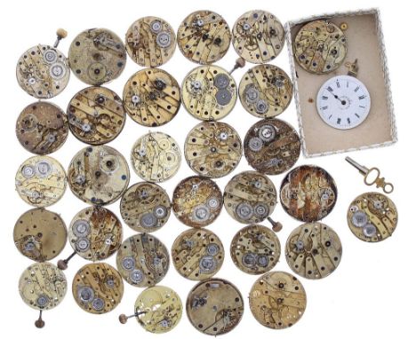 Quantity of fob watch movements with enamel and gilt dials; together with a small quantity of fob watch movements lacking dia