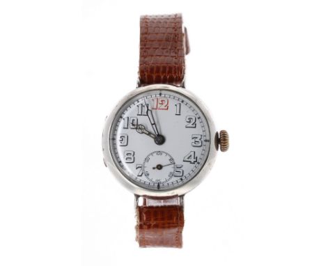 WWI period silver wire-lug gentleman's trench watch, import hallmarks London 1915, circular white enamel dial with Arabic num