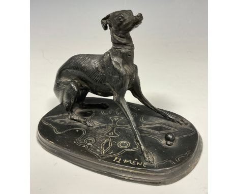 Pierre Jules Mene (1810 - 1879), after, a dark patinated bronze, of a greyhound dog with a ball, oval base, signed in the maq