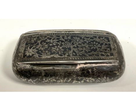 A 19th century silver and niello rounded rectangular snuff box, probably Russian, hinged cover, 5cm wide, c.1860 