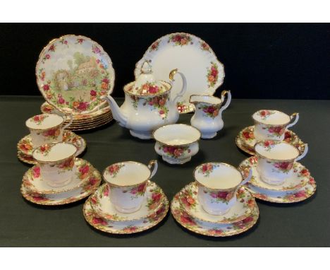 A Royal Albert Old Country Rose pattern tea set, for six, bread plate, six ,cups, saucers, side plates, dessert plates, teapo