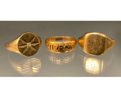 A 9ct gold diamond accented signet ring, size L;  other 9ct gold rings, size L and O, 9.7g gross (3) 