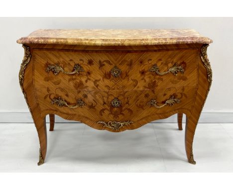 A Louis XV Revival kingwood and marquetry bombe shaped commode, marble top above two long drawers, 83cm high, 114cm wide, 50c