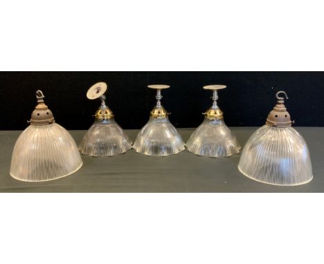 Lighting - A pair of ribbed glass dome pendants, 20cm diameter; a set of three frilled light pendants, 19cm diameter (5) 