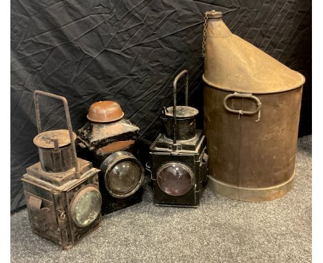 Railway interest - Railway Lamp ' Adlake No.22', two other lamps, a large paraffin oil dispenser,66cm high (4) 